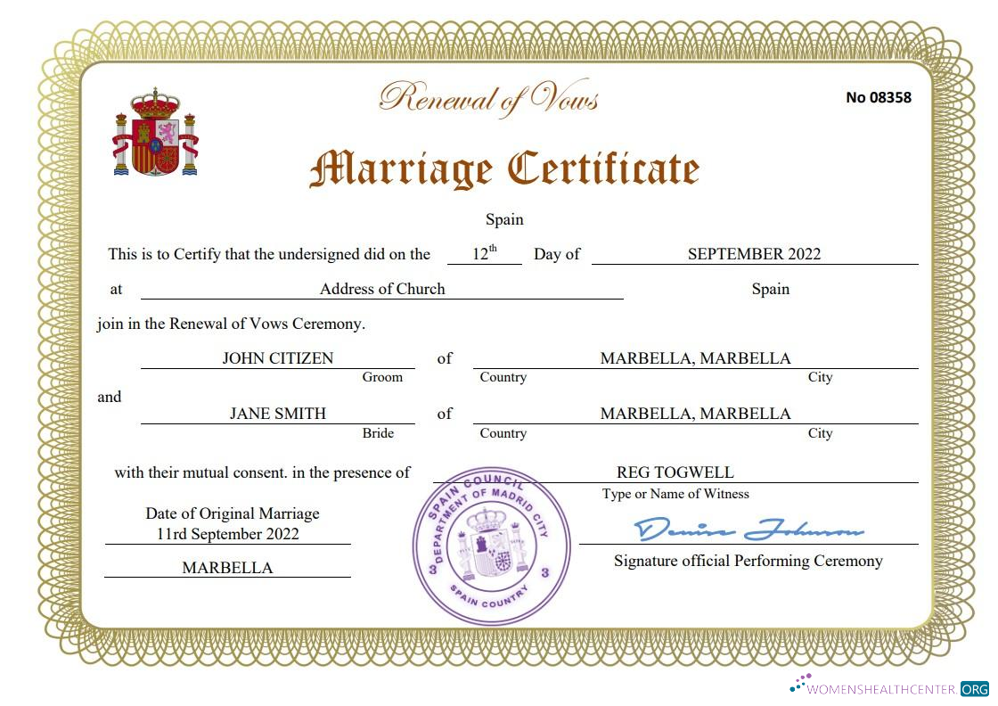 Download Spain marriage certificate Word and PDF template Photoshop template